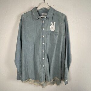 Lauren Moshi Womens Chambray Button-Up Shirt Peace Sign Graphic Frayed Medium